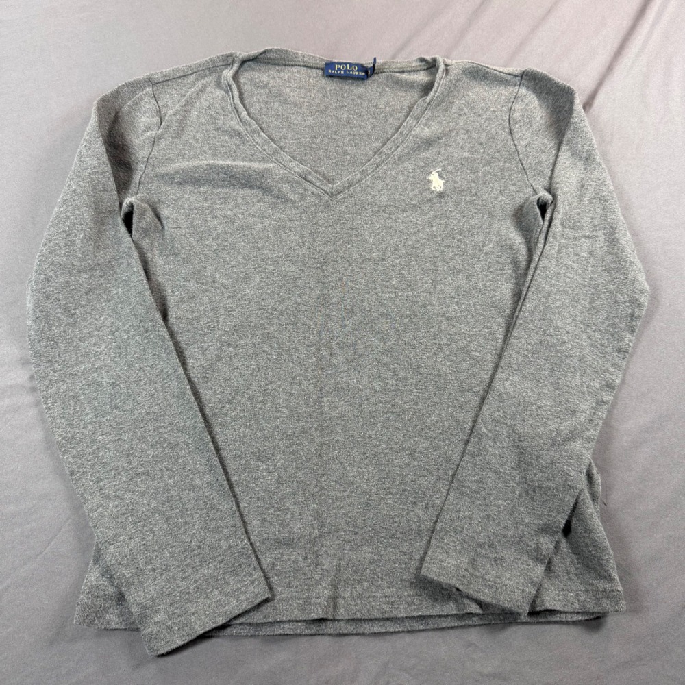 Polo Ralph Lauren Womens Gray V-Neck Long Sleeve T-Shirt Pony Logo Small P